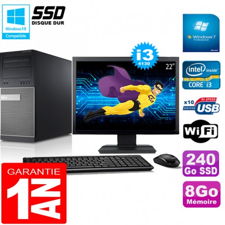 PC Tour DELL 9020 Core I3-4130 Ram 8Go Disque 240 Go SSD Wifi W7 Ecran 22"