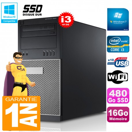 PC Tour DELL 9020 Core I3-4130 Ram 16Go Disque 480 Go SSD Graveur DVD Wifi W7