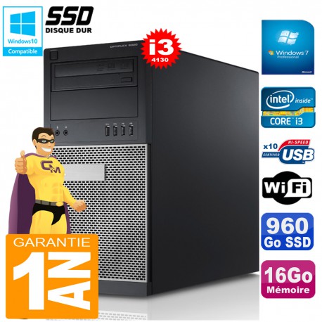 PC Tour DELL 9020 Core I3-4130 Ram 16Go Disque 960 Go SSD Graveur DVD Wifi W7