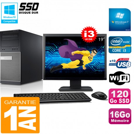 PC Tour DELL 9020 Core I3-4130 Ram 16Go Disque 120 Go SSD Wifi W7 Ecran 19"