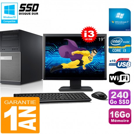 PC Tour DELL 9020 Core I3-4130 Ram 16Go Disque 240 Go SSD Wifi W7 Ecran 19"