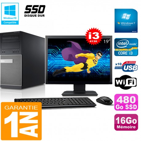 PC Tour DELL 9020 Core I3-4130 Ram 16Go Disque 480 Go SSD Wifi W7 Ecran 19"