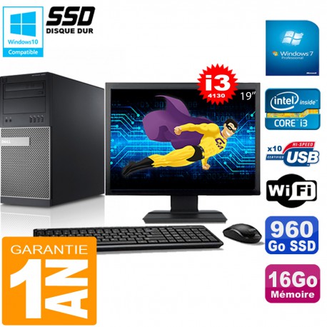 PC Tour DELL 9020 Core I3-4130 Ram 16Go Disque 960 Go SSD Wifi W7 Ecran 19"