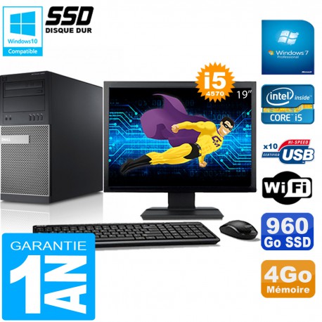 PC Tour DELL 9020 Core I5-4570 Ram 4Go Disque 960 Go SSD Wifi W7 Ecran 19"