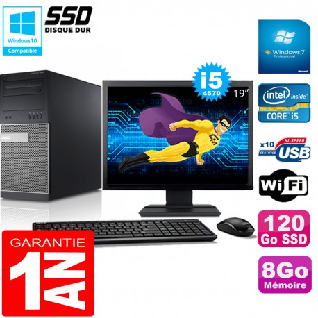 PC Tour DELL 9020 Core I5-4570 Ram 8Go Disque 120 Go SSD Wifi W7 Ecran 19"