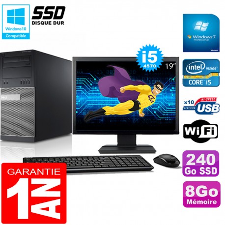 PC Tour DELL 9020 Core I5-4570 Ram 8Go Disque 240 Go SSD Wifi W7 Ecran 19"