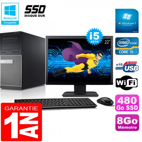 PC Tour DELL 9020 Core I5-4570 Ram 8Go Disque 480 Go SSD Wifi W7 Ecran 22"