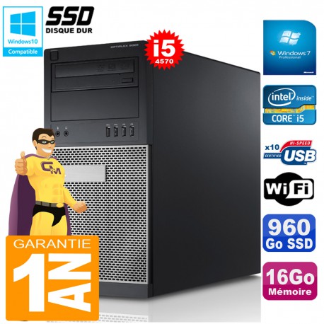 PC Tour DELL 9020 Core I5-4570 Ram 16Go Disque 960 Go SSD Graveur DVD Wifi W7