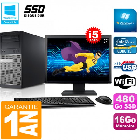 PC Tour DELL 9020 Core I5-4570 Ram 16Go Disque 480 Go SSD Wifi W7 Ecran 27"