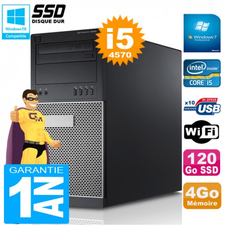 PC Tour DELL 9020 Core I5-4570 Ram 4Go Disque 120 Go SSD Graveur DVD Wifi W7