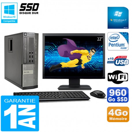 PC DELL 990 SFF Intel G840 Ram 4Go Disque 960Go SSD Graveur Wifi W7 Ecran 22"