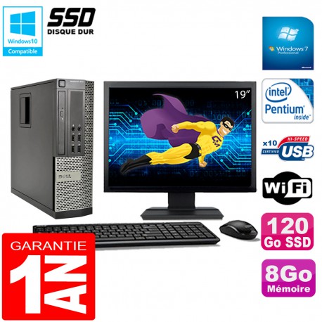 PC DELL 990 SFF Intel G840 Ram 8Go Disque 120Go SSD Graveur Wifi W7 Ecran 19"