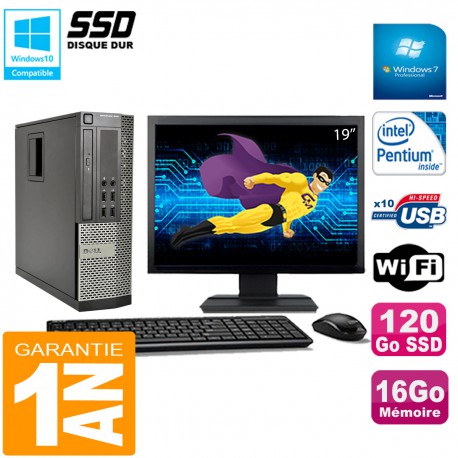 PC DELL 990 SFF Intel G840 Ram 16Go Disque 120Go SSD Graveur Wifi W7 Ecran 19"