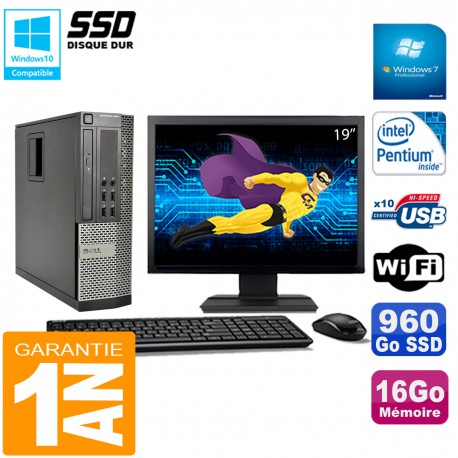 PC DELL 990 SFF Intel G840 Ram 16Go Disque 960Go SSD Graveur Wifi W7 Ecran 19"