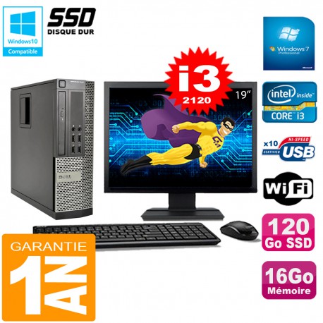 PC DELL 990 SFF Core I3-2120 Ram 16Go Disque 120Go SSD Graveur Wifi W7 Ecran 19"