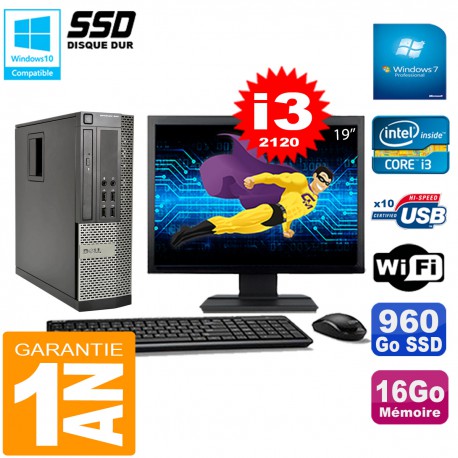 PC DELL 990 SFF Core I3-2120 Ram 16Go Disque 960Go SSD Graveur Wifi W7 Ecran 19"