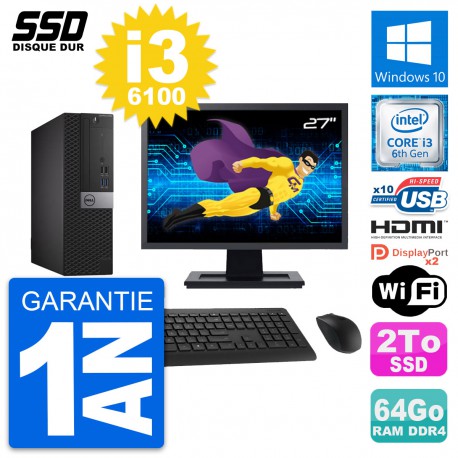 PC Dell 5050 SFF Ecran 27" Intel i3-6100 RAM 64Go SSD 2To HDMI Windows 10 Wifi