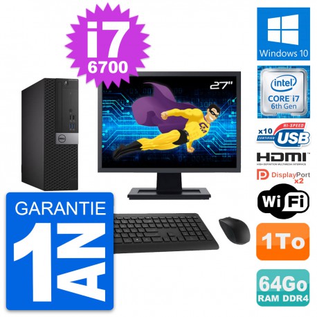 PC Dell 5050 SFF Ecran 27" Core i7-6700 RAM 64Go Disque 1To HDMI Windows 10 Wifi
