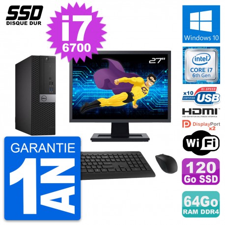 PC Dell 5050 SFF Ecran 27" Intel i7-6700 RAM 64Go SSD 120Go HDMI Windows 10 Wifi