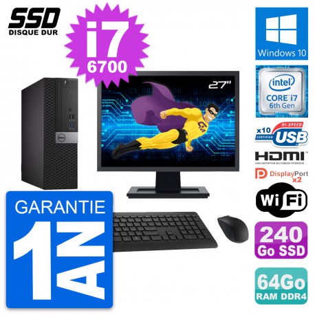 PC Dell 5050 SFF Ecran 27" Intel i7-6700 RAM 64Go SSD 240Go HDMI Windows 10 Wifi