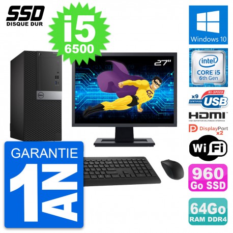 PC Tour Dell 7050 Ecran 27" Core i5-6500 RAM 64Go SSD 960Go HDMI Windows 10 Wifi