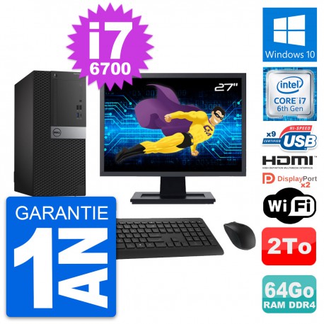 PC Tour Dell 7050 Ecran 27" i7-6700 RAM 64Go Disque 2To HDMI Windows 10 Wifi