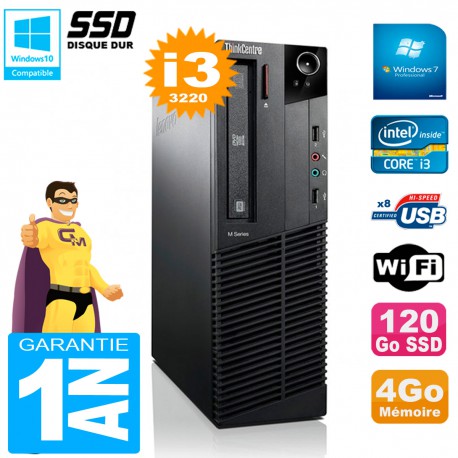 PC Lenovo M92p SFF Core I3-3220 4Go Disque 120Go SSD Graveur DVD Wifi W7