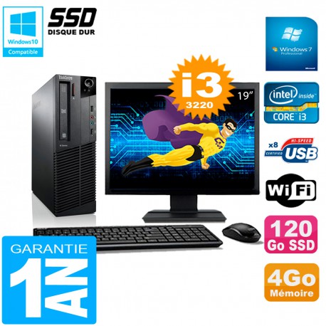 PC Lenovo M92p SFF Ecran 19" Core I3-3220 4Go Disque 120Go SSD Wifi W7