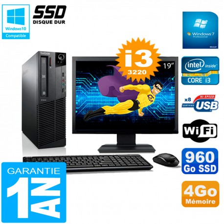 PC Lenovo M92p SFF Ecran 19" Core I3-3220 4Go Disque 960Go SSD Wifi W7