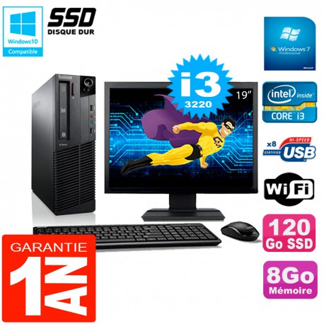 PC Lenovo M92p SFF Ecran 19" Core I3-3220 8Go Disque 120Go SSD Wifi W7