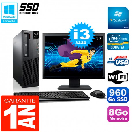 PC Lenovo M92p SFF Ecran 19" Core I3-3220 8Go Disque 960Go SSD Wifi W7