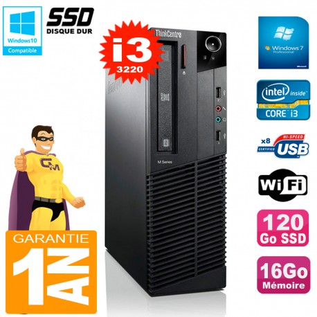 PC Lenovo M92p SFF Core I3-3220 16Go Disque 120Go SSD Graveur DVD Wifi W7