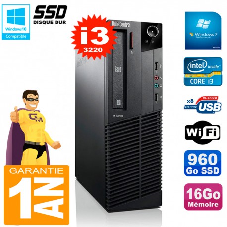 PC Lenovo M92p SFF Core I3-3220 16Go Disque 960Go SSD Graveur DVD Wifi W7