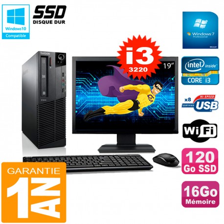 PC Lenovo M92p SFF Ecran 19" Core I3-3220 16Go Disque 120Go SSD Wifi W7