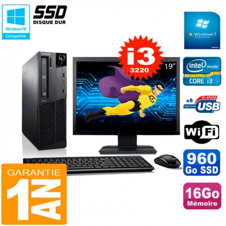 PC Lenovo M92p SFF Ecran 19" Core I3-3220 16Go Disque 960Go SSD Wifi W7