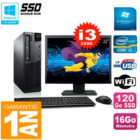 PC Lenovo M92p SFF Ecran 22" Core I3-3220 16Go Disque 120Go SSD Wifi W7