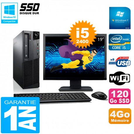 PC Lenovo M92p SFF Ecran 19" Core I5-2400 4Go Disque 120Go SSD Wifi W7