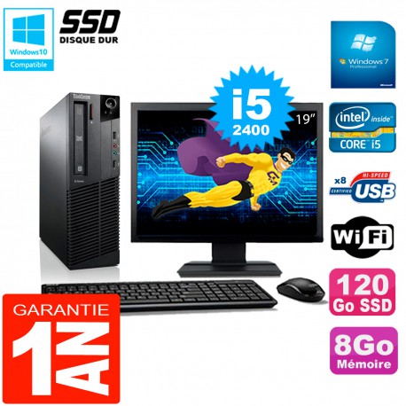 PC Lenovo M92p SFF Ecran 19" Core I5-2400 8Go Disque 120Go SSD Wifi W7