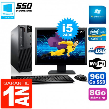 PC Lenovo M92p SFF Ecran 19" Core I5-2400 8Go Disque 960Go SSD Wifi W7