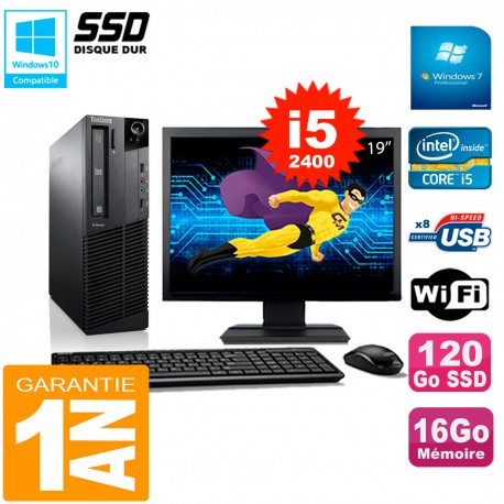 PC Lenovo M92p SFF Ecran 19" Core I5-2400 16Go Disque 120Go SSD Wifi W7