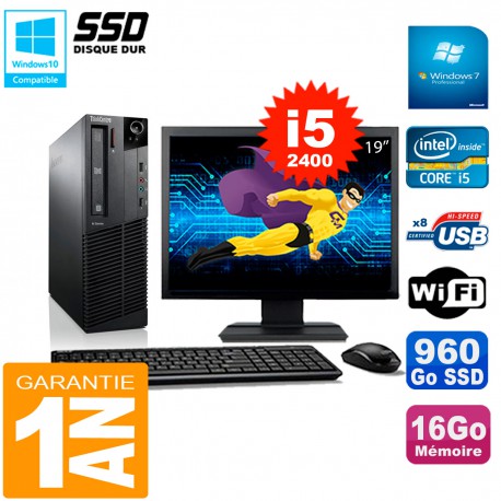 PC Lenovo M92p SFF Ecran 19" Core I5-2400 16Go Disque 960Go SSD Wifi W7