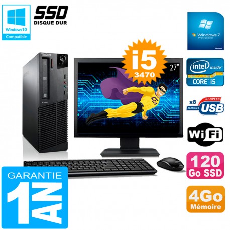 PC Lenovo M92p SFF Ecran 27" Core I5-3470 4Go Disque 120Go SSD Wifi W7