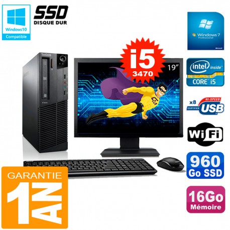 PC Lenovo M92p SFF Ecran 19" Core I5-3470 16Go Disque 960Go SSD Wifi W7