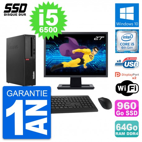 PC Lenovo M910s SFF Ecran 27" Intel i5-6500 RAM 64Go SSD 960Go Windows 10 Wifi