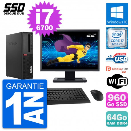 PC Lenovo M910s SFF Ecran 22" Intel i7-6700 RAM 64Go SSD 960Go Windows 10 Wifi