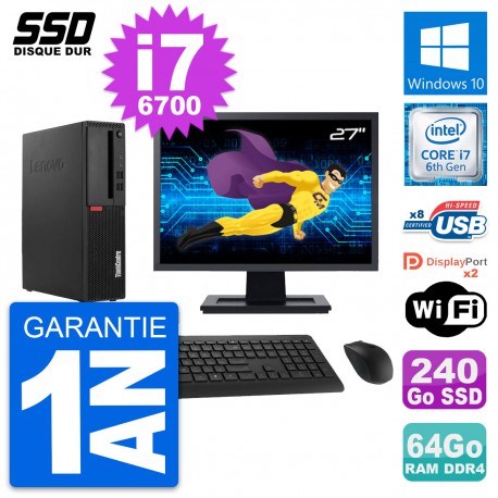 PC Lenovo M910s SFF Ecran 27" Intel i7-6700 RAM 64Go SSD 240Go Windows 10 Wifi