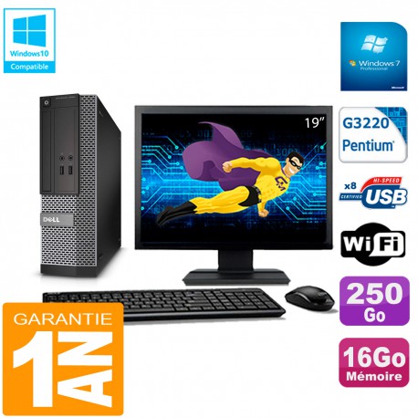 PC DELL 3020 SFF Ecran 19" Intel G3220 Ram 16Go Disque 250 Go Wifi W7