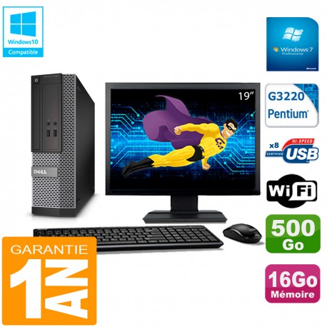 PC DELL 3020 SFF Ecran 19" Intel G3220 Ram 16Go Disque 500 Go Wifi W7