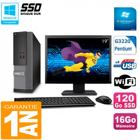 PC DELL 3020 SFF Ecran 19" Intel G3220 Ram 16Go Disque 120 Go SSD Wifi W7