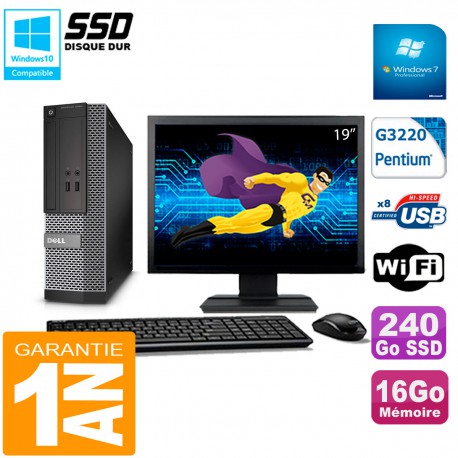 PC DELL 3020 SFF Ecran 19" Intel G3220 Ram 16Go Disque 240 Go SSD Wifi W7